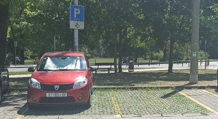 Miejsce parkingowe oznaczone pionowo jako dedykowane osobom z niepełnosprawnością – ma zarówno niebieska tabliczkę z literą P i biała tabliczkę z symbolem osoby na wózku. Samo miejsce ma wymiary zwykłego miejsca, wyłożone jest kostką biologicznie czynną. Sąsiadujące ze sobą miejsca oddziela namalowana żółtą farbą linia. W tle park.